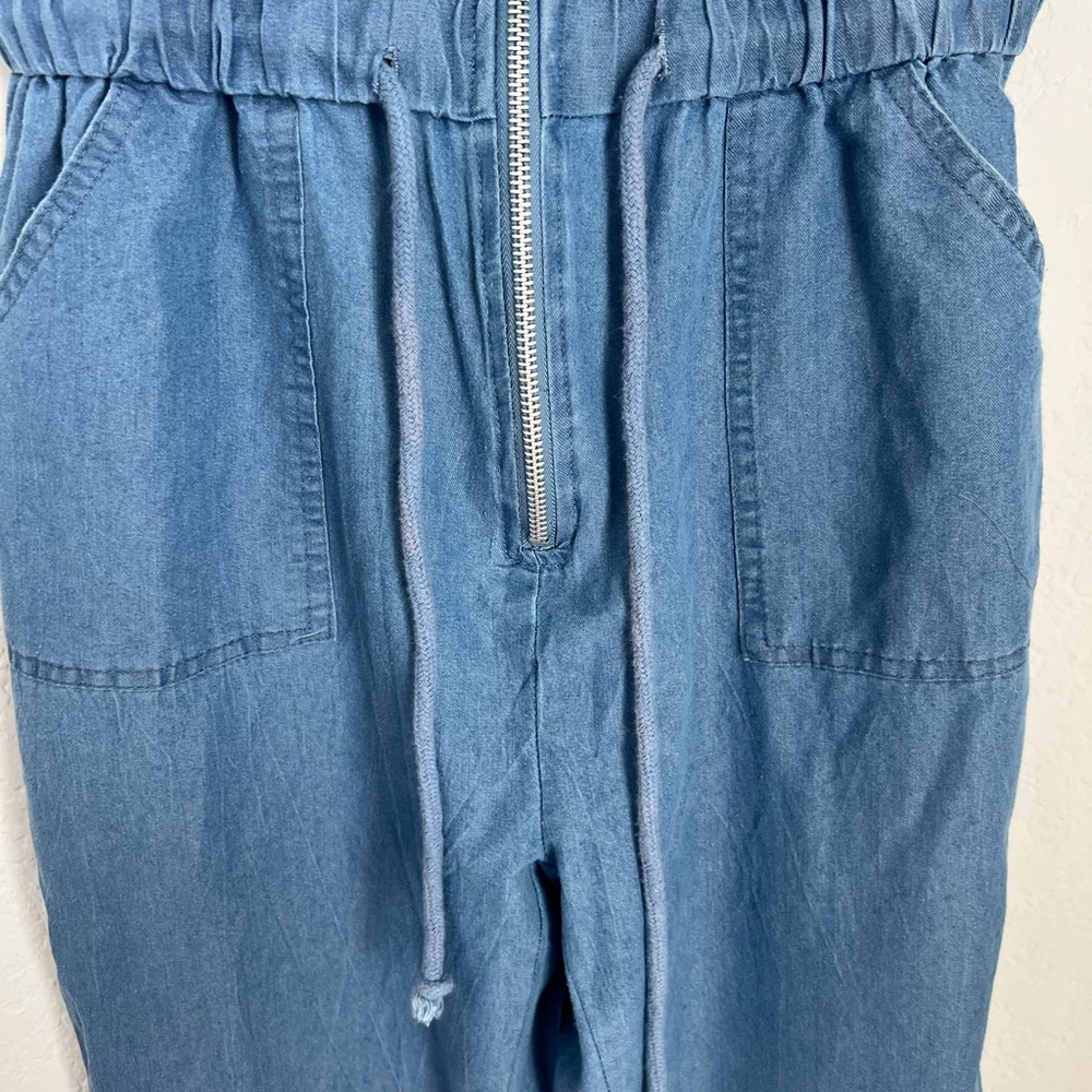Helium London Blue Cotton Chambray Denim Jumpsuit Zip Front Drawstring Waist M - Picture 6 of 10